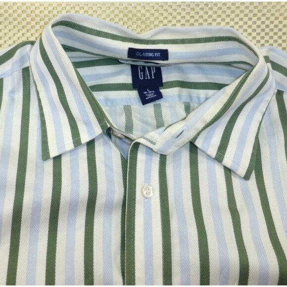 GAP Classic Fit Green & Blue Striped Button-Up Shirt 16-16.5 Long Sleeve Casual - Picture 8 of 11